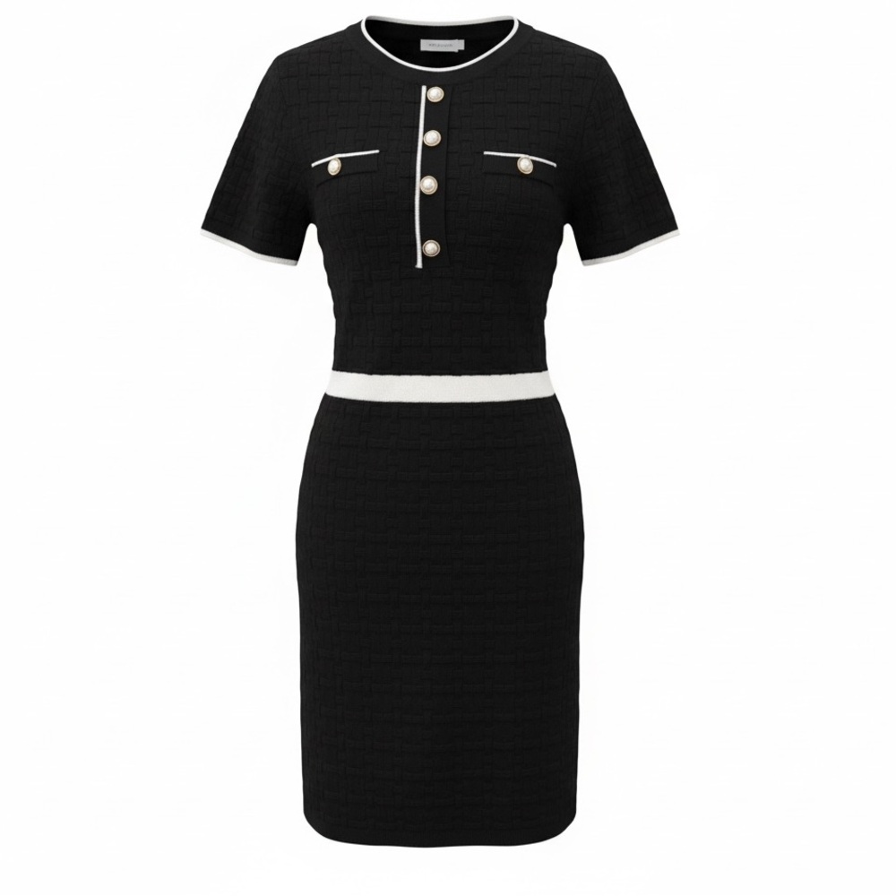 NWT Ellen Tracy Black Textured Knit Sheath Dress Pearl Buttons Size S